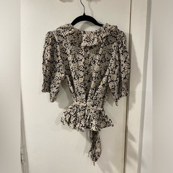 DOEN viola wrap top sz Small ruffled tie waist floral blouse - Picture 5 of 11
